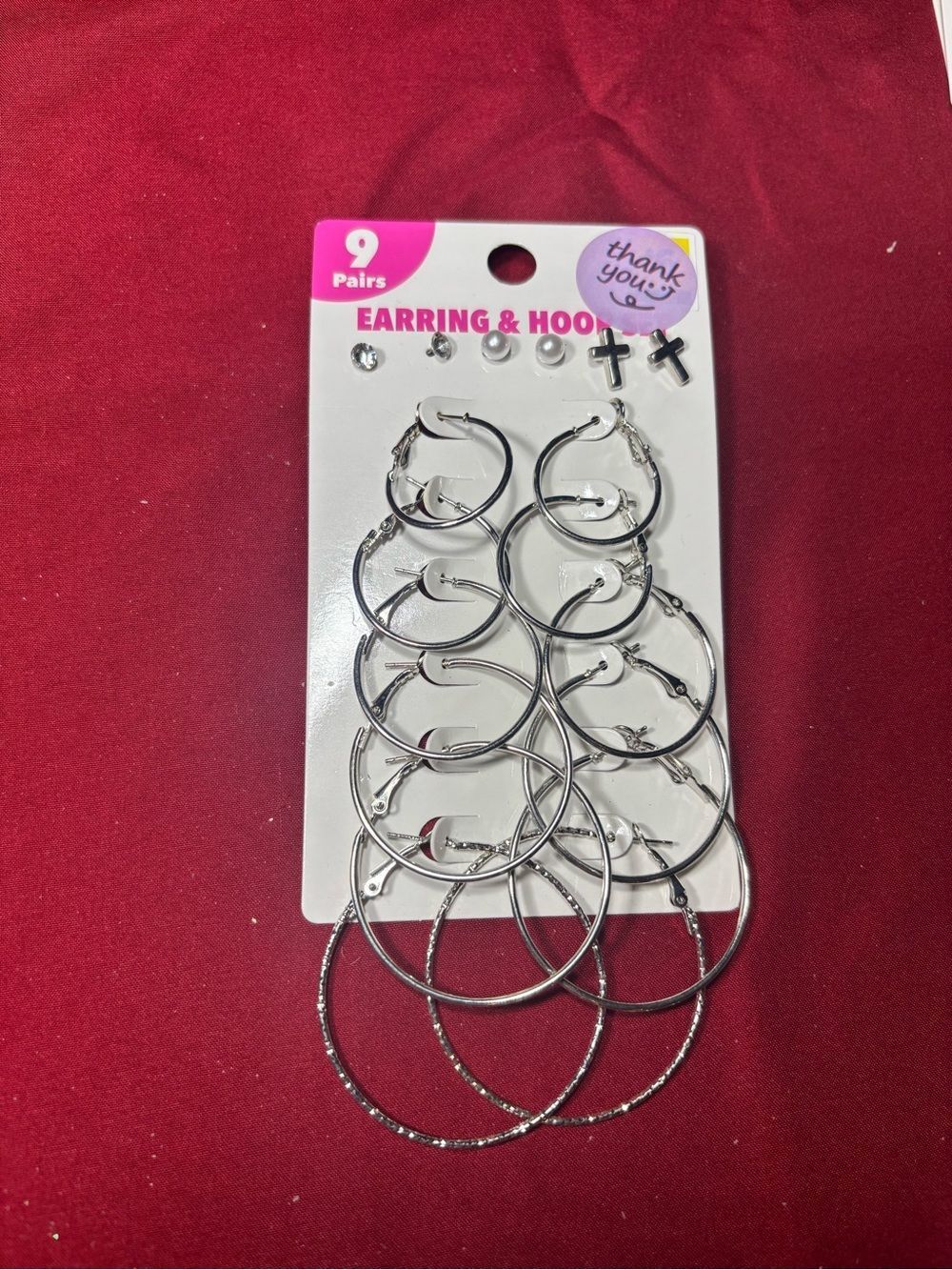 New 9-Pair Silver Hoop Earring Set with Studs - Women Jewelry